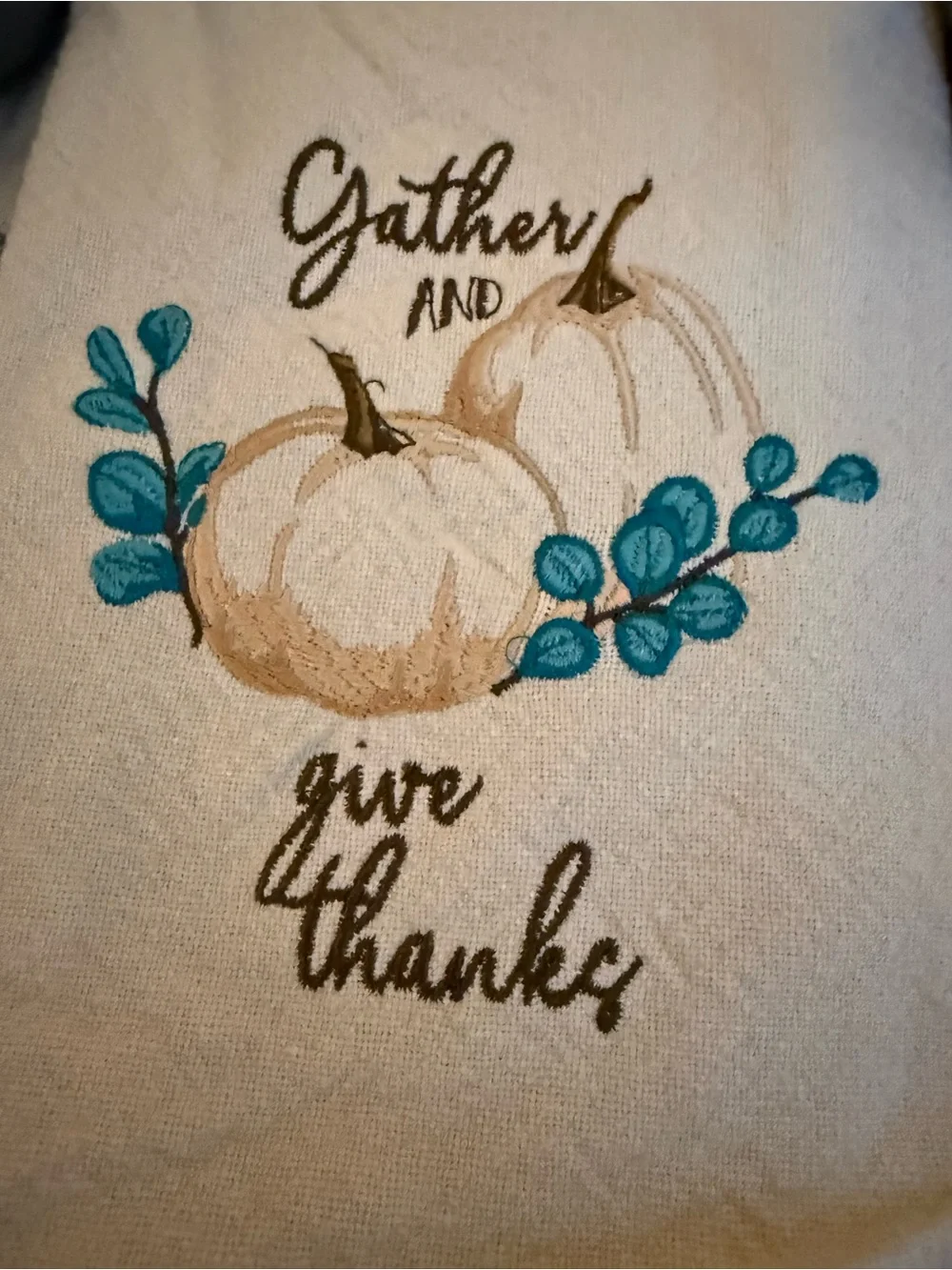 3 pc set, Cream Kitchen Towel Set, 2 velvet feel blue pumpkins